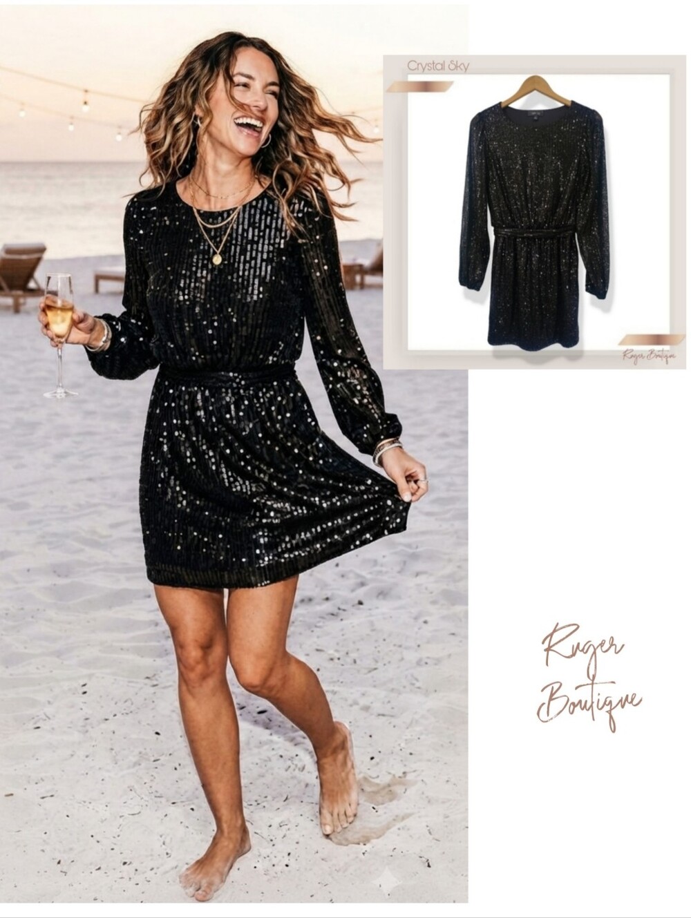 🌿Crystal Sky Black Sequin Mesh Mini Dress Medium Tie Back Longsleeve Sleeve
